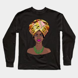 African Melanin Woman in Kente Headgear Long Sleeve T-Shirt